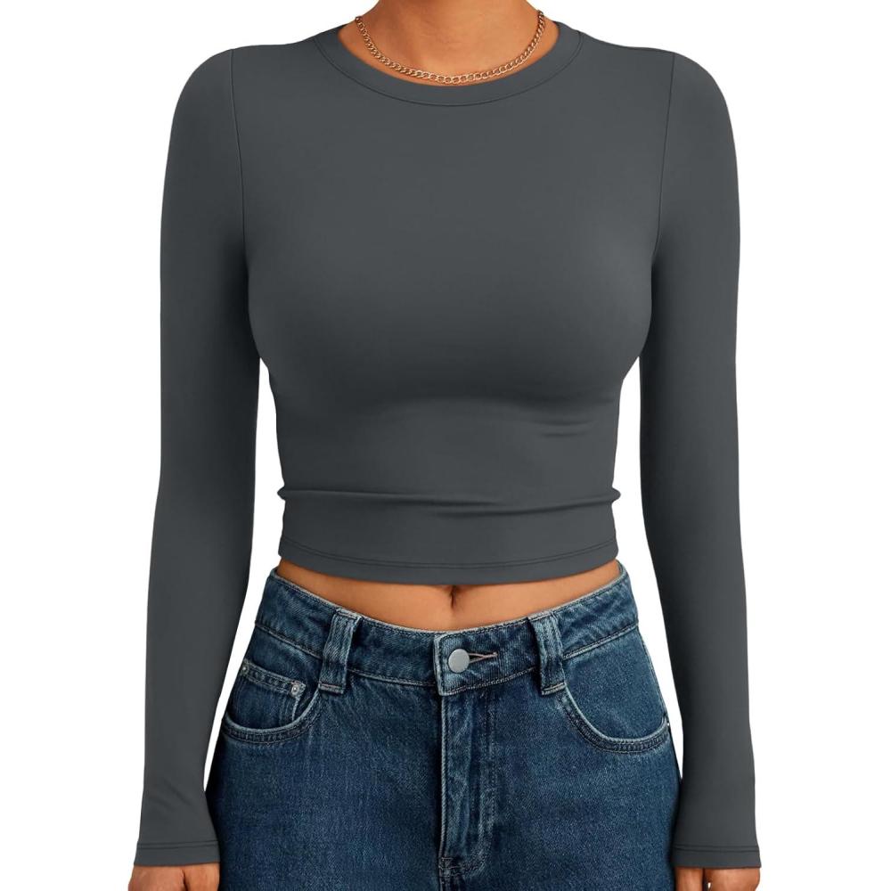 imageTrendy Queen Womens Long Sleeve Crop Tops Basic Slim Fitted Shirts Fashion 2025 Going Out Y2k Tops Teen Girl ClothesGray