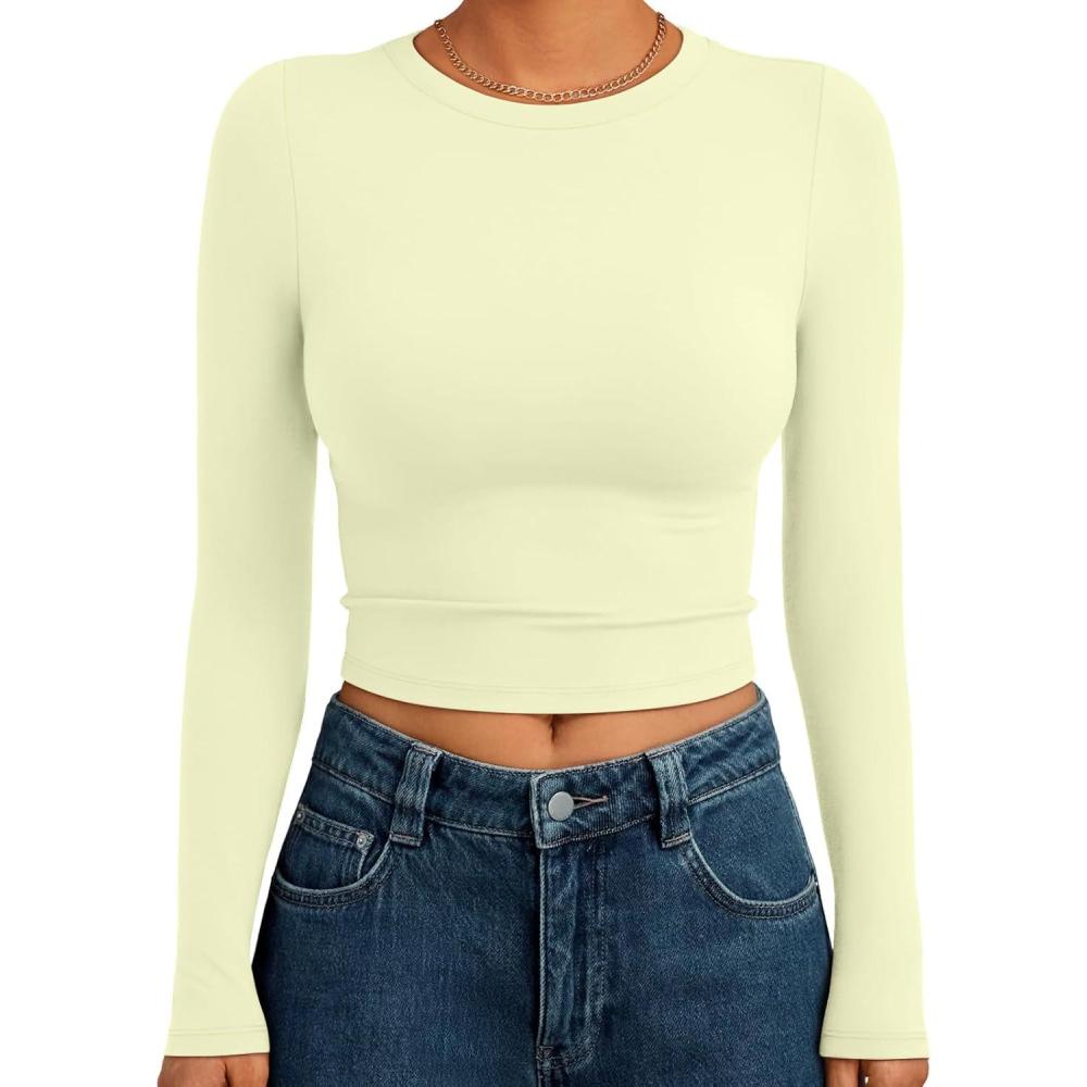 imageTrendy Queen Womens Long Sleeve Crop Tops Basic Slim Fitted Shirts Fashion 2025 Going Out Y2k Tops Teen Girl ClothesLemon Yellow