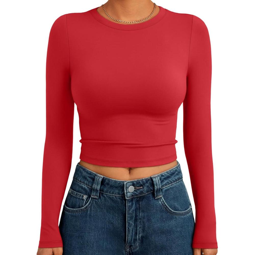 imageTrendy Queen Womens Long Sleeve Crop Tops Basic Slim Fitted Shirts Fashion 2025 Going Out Y2k Tops Teen Girl ClothesRed