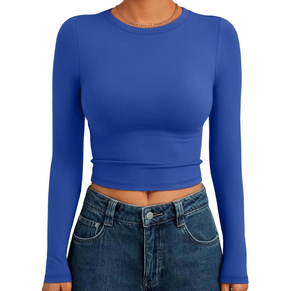 imageTrendy Queen Womens Long Sleeve Crop Tops Basic Slim Fitted Shirts Fashion 2025 Going Out Y2k Tops Teen Girl ClothesRoyal Blue