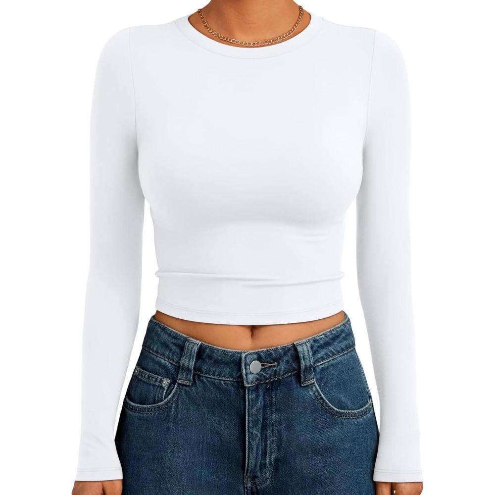 imageTrendy Queen Womens Long Sleeve Crop Tops Basic Slim Fitted Shirts Fashion 2025 Going Out Y2k Tops Teen Girl ClothesWhite