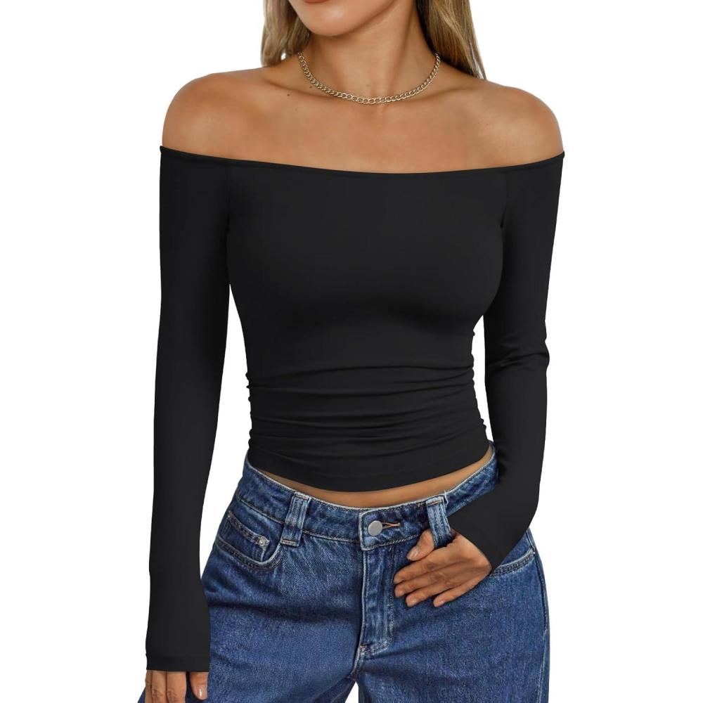 imageTrendy Queen Womens Long Sleeve Off The Shoulder Tops Going Out Cute Basic Y2K Fall Fashion 2025 Outfits ClothesBlack