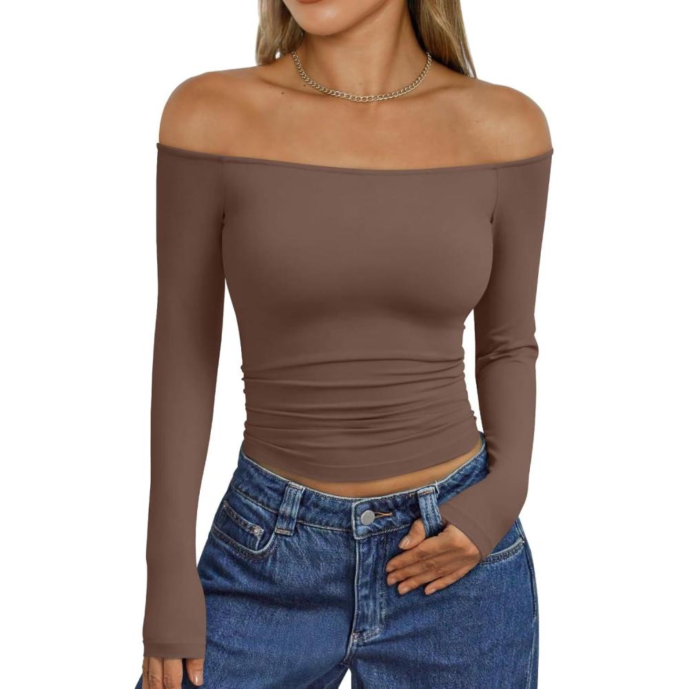 imageTrendy Queen Womens Long Sleeve Off The Shoulder Tops Going Out Cute Basic Y2K Fall Fashion 2025 Outfits ClothesBrown