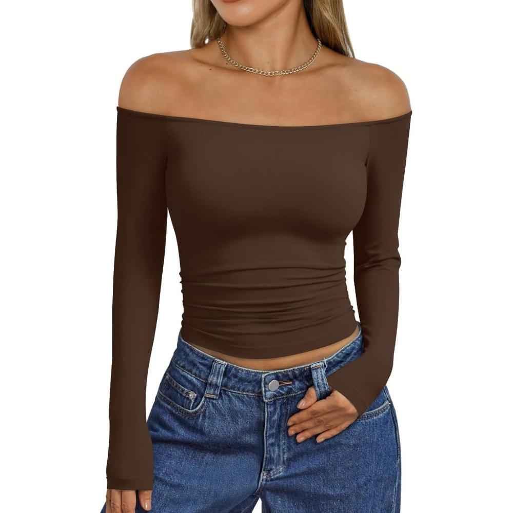 imageTrendy Queen Womens Long Sleeve Off The Shoulder Tops Going Out Cute Basic Y2K Fall Fashion 2025 Outfits ClothesChocolate