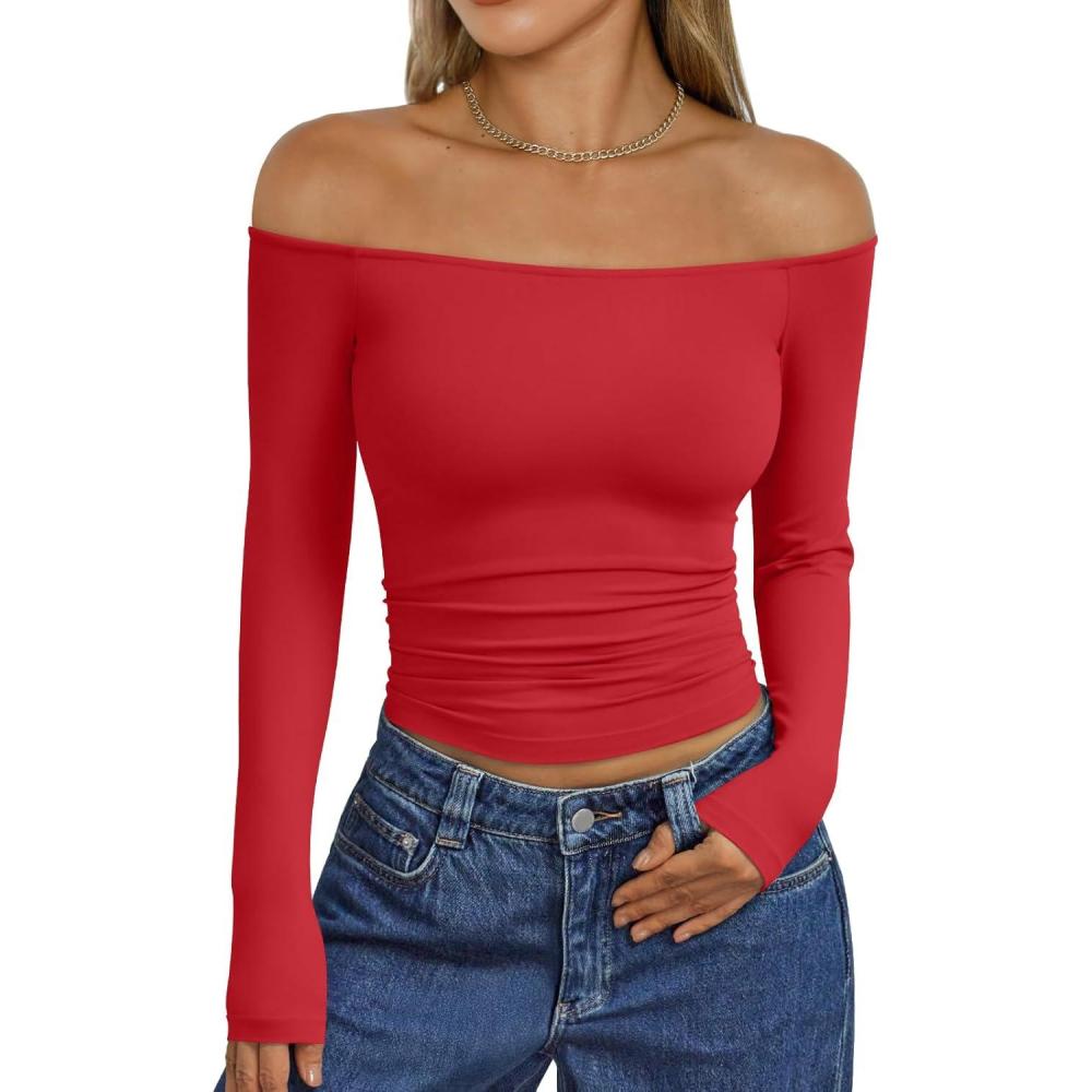 imageTrendy Queen Womens Long Sleeve Off The Shoulder Tops Going Out Cute Basic Y2K Fall Fashion 2025 Outfits ClothesRed