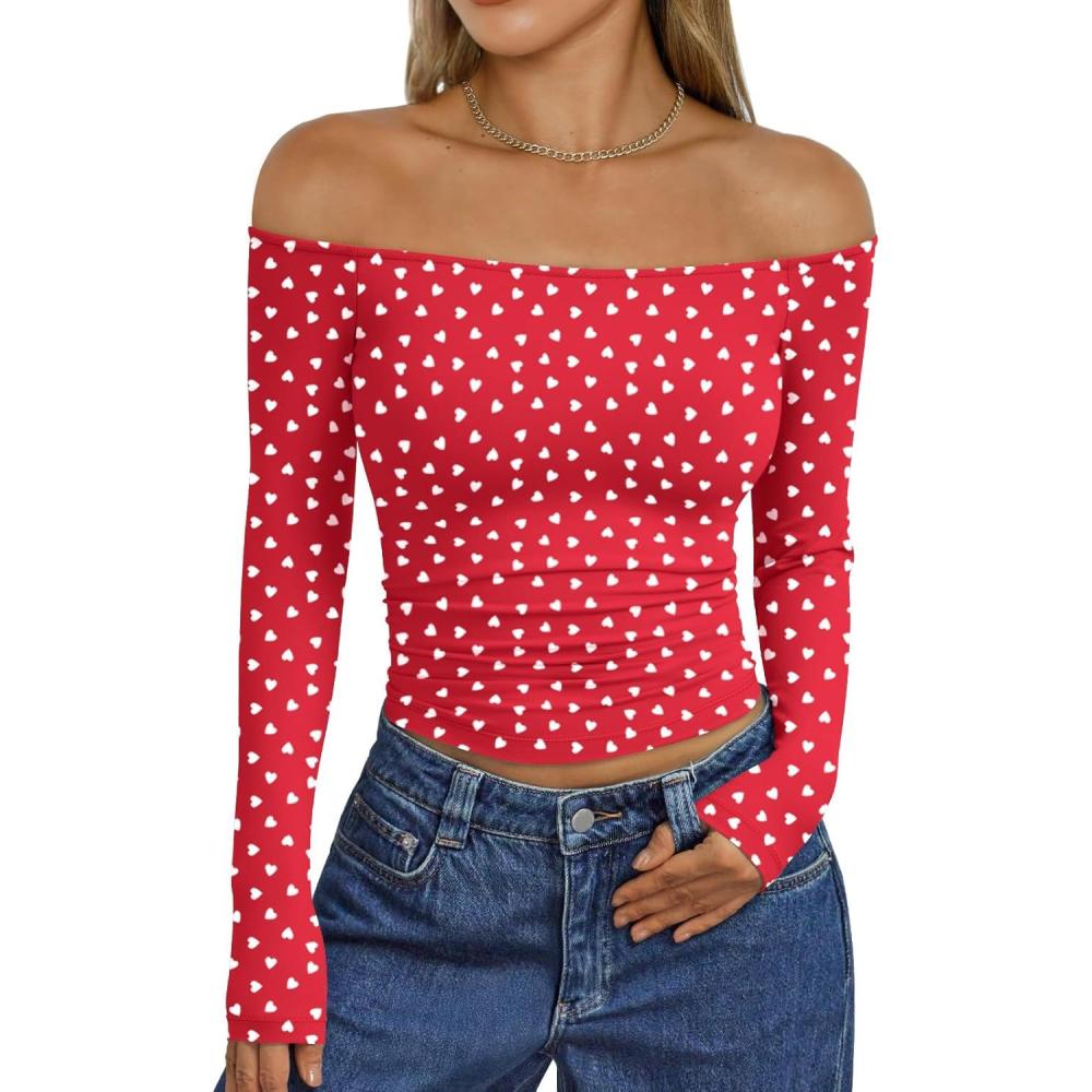 imageTrendy Queen Womens Long Sleeve Off The Shoulder Tops Going Out Cute Basic Y2K Fall Fashion 2025 Outfits ClothesRed Heart