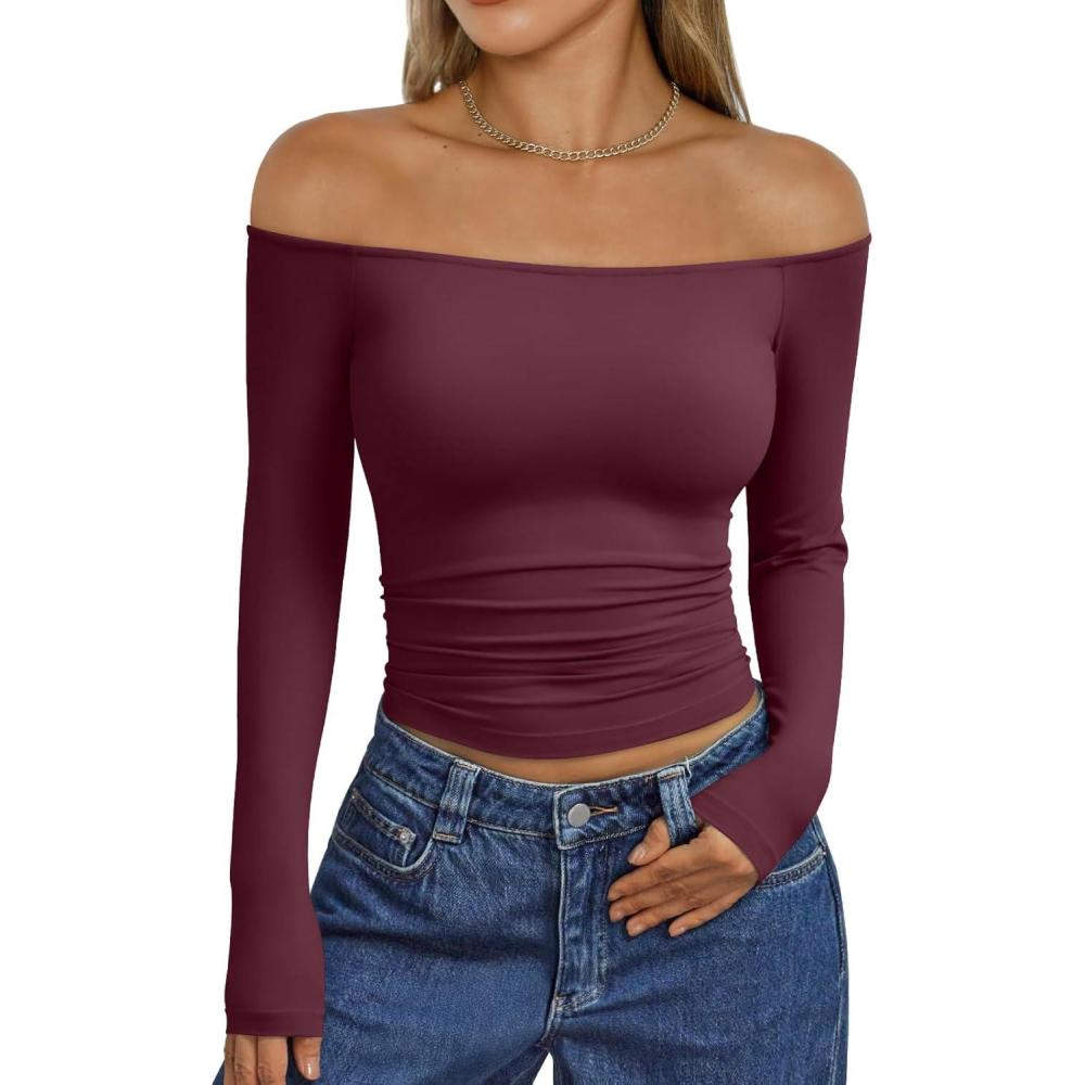 imageTrendy Queen Womens Long Sleeve Off The Shoulder Tops Going Out Cute Basic Y2K Fall Fashion 2025 Outfits ClothesWine