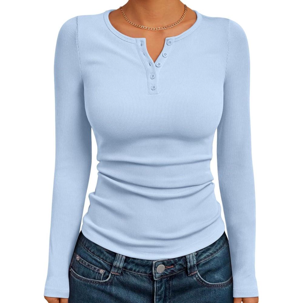 imageTrendy Queen Womens Long Sleeve Shirts 2025 Henley Casual Fall Outfits Fitted Tops Ribbed Fashion Basic TeesBlue