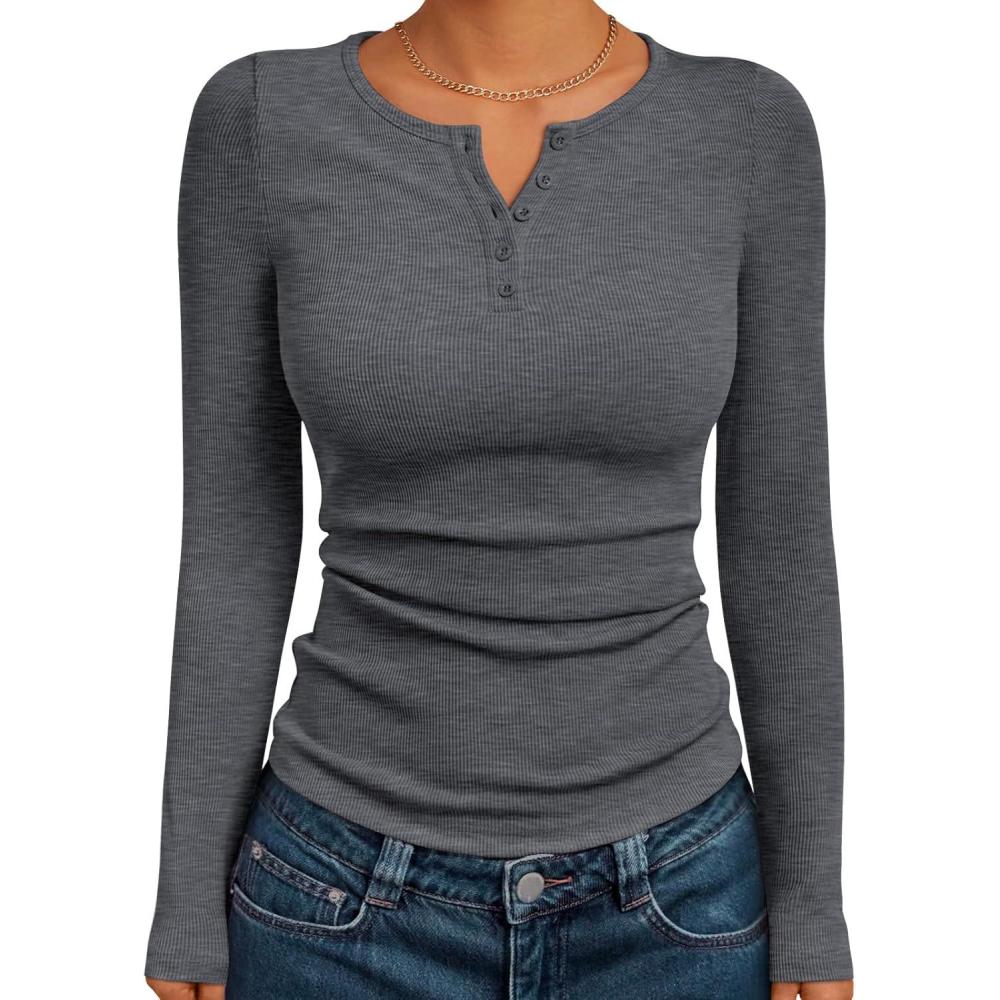 imageTrendy Queen Womens Long Sleeve Shirts 2025 Henley Casual Fall Outfits Fitted Tops Ribbed Fashion Basic TeesDark Grey