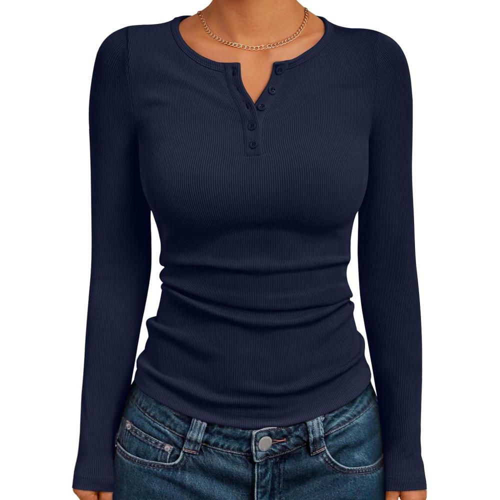 imageTrendy Queen Womens Long Sleeve Shirts 2025 Henley Casual Fall Outfits Fitted Tops Ribbed Fashion Basic TeesNavyblue