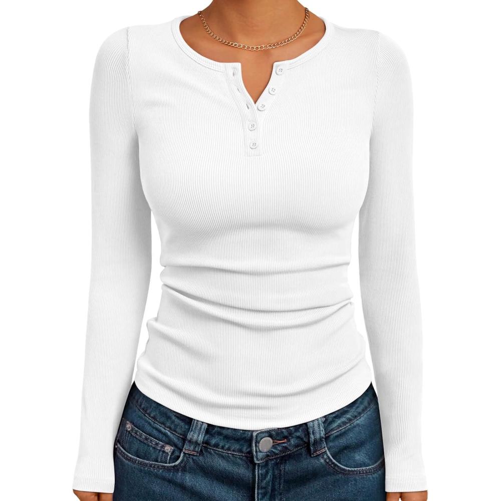 imageTrendy Queen Womens Long Sleeve Shirts 2025 Henley Casual Fall Outfits Fitted Tops Ribbed Fashion Basic TeesWhite