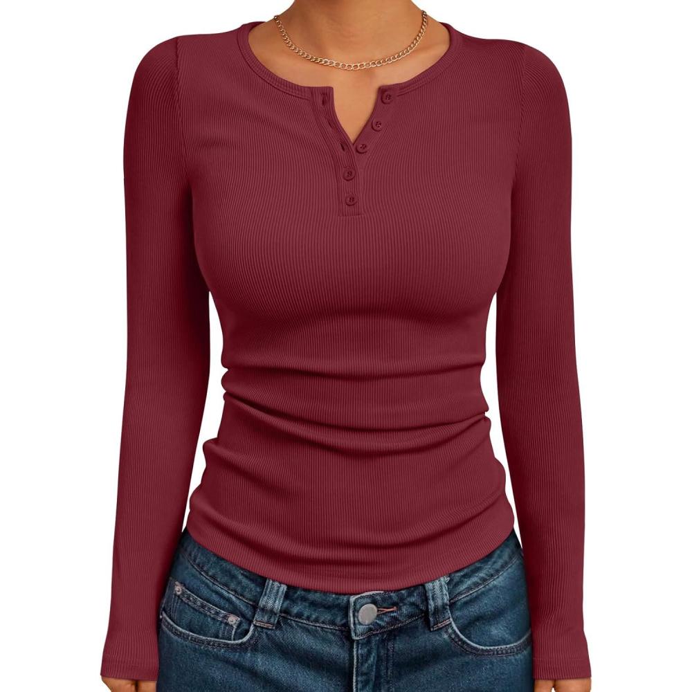 imageTrendy Queen Womens Long Sleeve Shirts 2025 Henley Casual Fall Outfits Fitted Tops Ribbed Fashion Basic TeesWinered