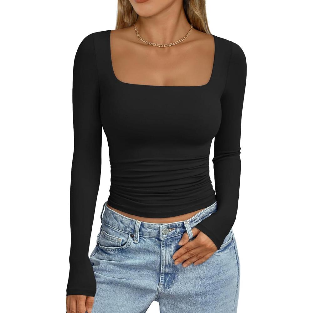 imageTrendy Queen Womens Long Sleeve Shirts Crop Tops Basic Square Neck Going Out Fall Fashion 2025 Fitted Clothes Workout OutfitsBlack