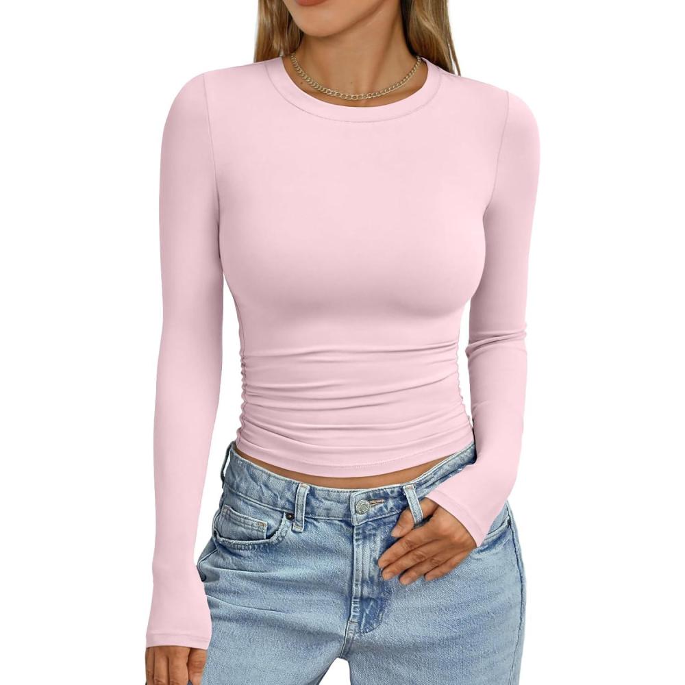 imageTrendy Queen Womens Long Sleeve Shirts Crop Tops Fall Fashion 2025 Going Out Basic Winter ClothesPink