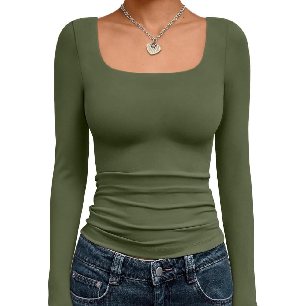 imageTrendy Queen Womens Long Sleeve Shirts Crop Tops Fall Fashion 2025 Square Neck Going Out Basics Tees Y2k ClothesArmy Green