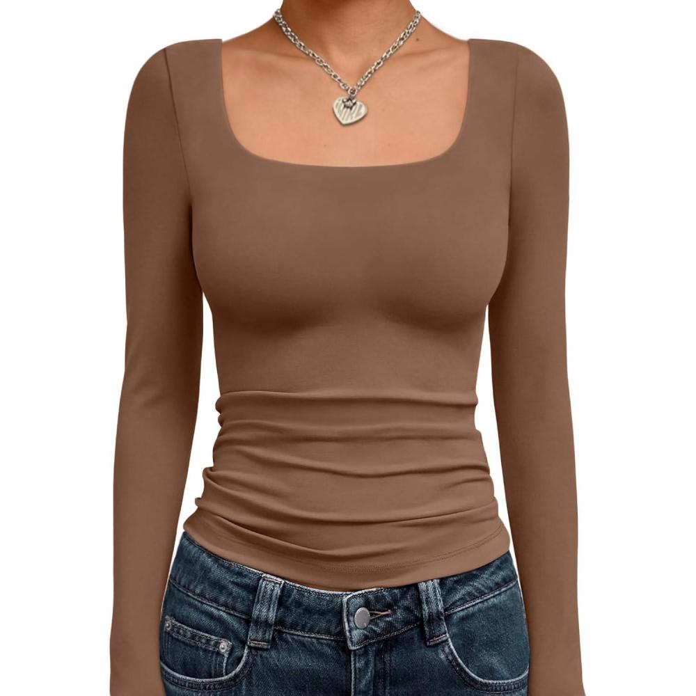 imageTrendy Queen Womens Long Sleeve Shirts Crop Tops Fall Fashion 2025 Square Neck Going Out Basics Tees Y2k ClothesBrown