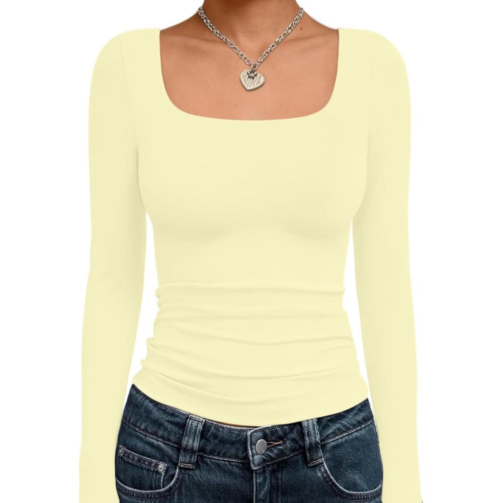 imageTrendy Queen Womens Long Sleeve Shirts Crop Tops Fall Fashion 2025 Square Neck Going Out Basics Tees Y2k ClothesCreamy Yellow