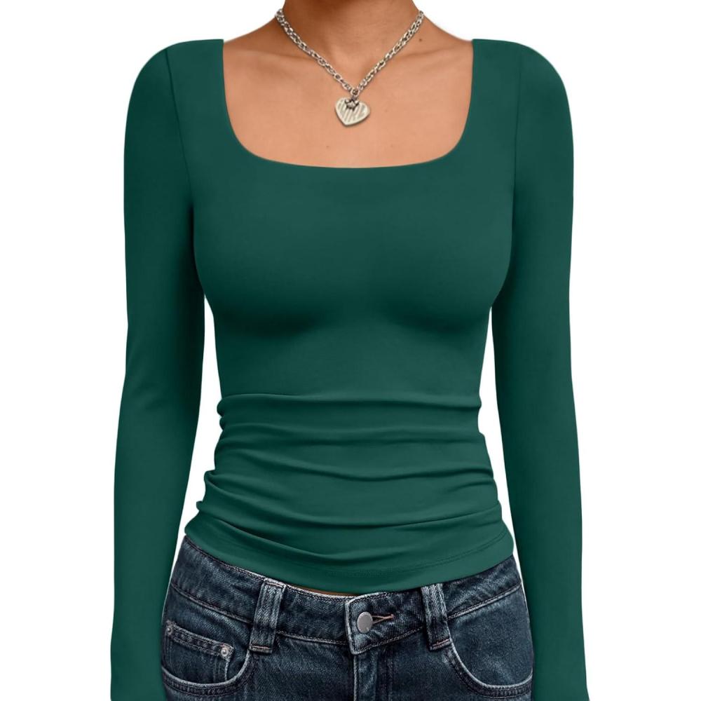 imageTrendy Queen Womens Long Sleeve Shirts Crop Tops Fall Fashion 2025 Square Neck Going Out Basics Tees Y2k ClothesDark Green
