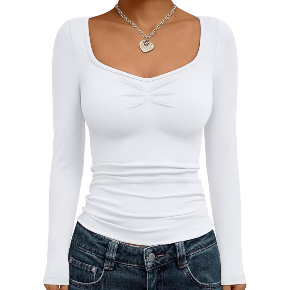 imageTrendy Queen Womens Long Sleeve Shirts Going Out Crop Tops Sweetheart Neck Workout TopsWhite