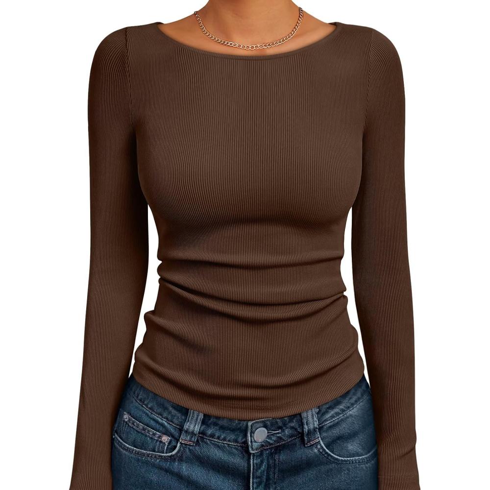 imageTrendy Queen Womens Long Sleeve Shirts Ribbed Underscrub Tops Boat Neck Basic Tees Fall Fashion Clothes 2025Brown