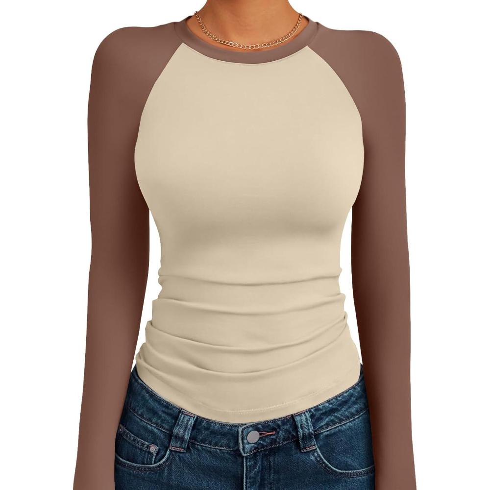 imageTrendy Queen Womens Long Sleeve Shirts Slim Fit Stretchy Color Block Slightly Cropped TopsBeige Brown Combo