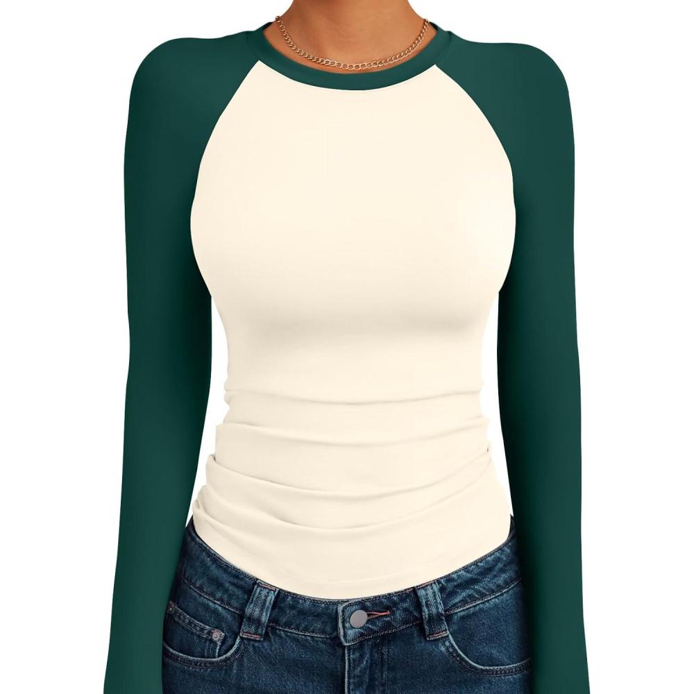 imageTrendy Queen Womens Long Sleeve Shirts Slim Fit Stretchy Color Block Slightly Cropped TopsBeige Emerald Combo