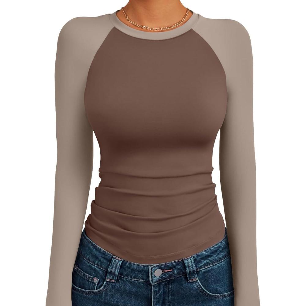 imageTrendy Queen Womens Long Sleeve Shirts Slim Fit Stretchy Color Block Slightly Cropped TopsChocolatebrown Mocha Combo