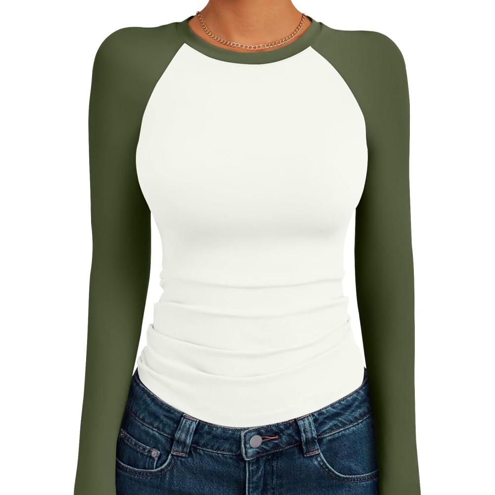 imageTrendy Queen Womens Long Sleeve Shirts Slim Fit Stretchy Color Block Slightly Cropped TopsWhite Green Combo