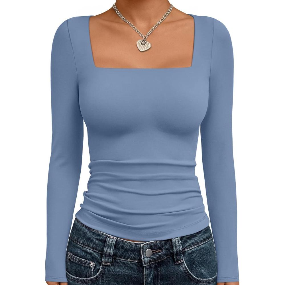 imageTrendy Queen Womens Long Sleeve Shirts Square Neck Going Out Crop Tops Fashion Y2k Workout Clothes Fall Outfits 2025Blue