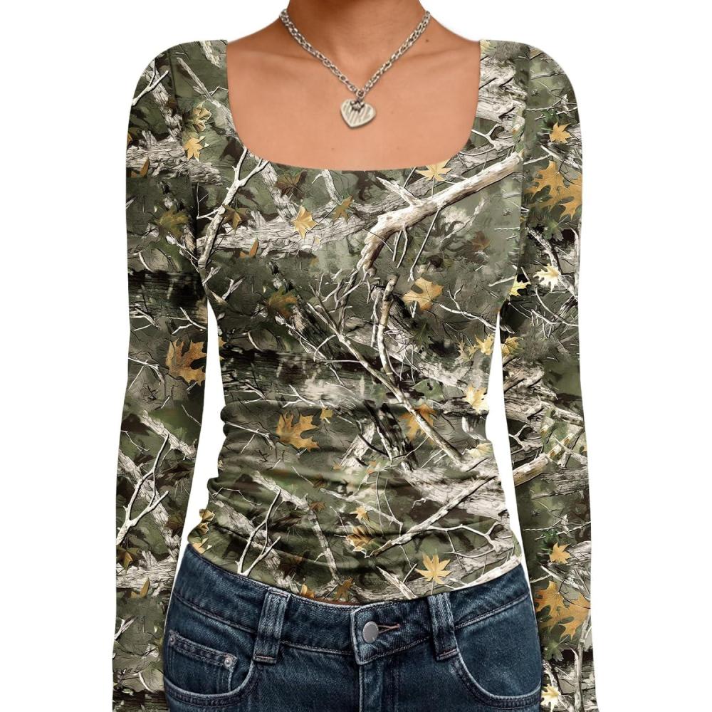 imageTrendy Queen Womens Long Sleeve Shirts Square Neck Going Out Crop Tops Fashion Y2k Workout Clothes Fall Outfits 2025Camo