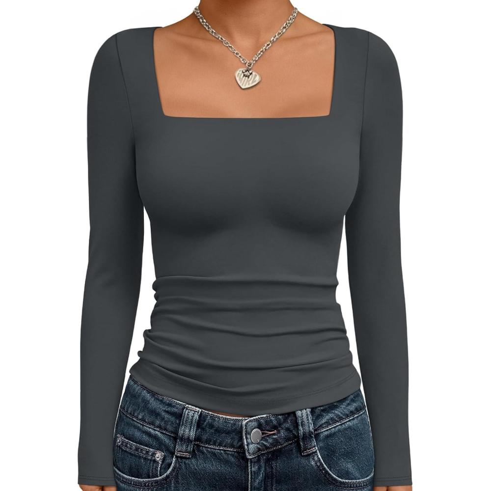 imageTrendy Queen Womens Long Sleeve Shirts Square Neck Going Out Crop Tops Fashion Y2k Workout Clothes Fall Outfits 2025Gray