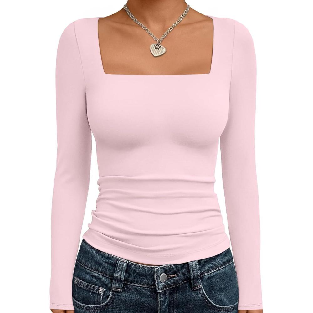imageTrendy Queen Womens Long Sleeve Shirts Square Neck Going Out Crop Tops Fashion Y2k Workout Clothes Fall Outfits 2025Pink