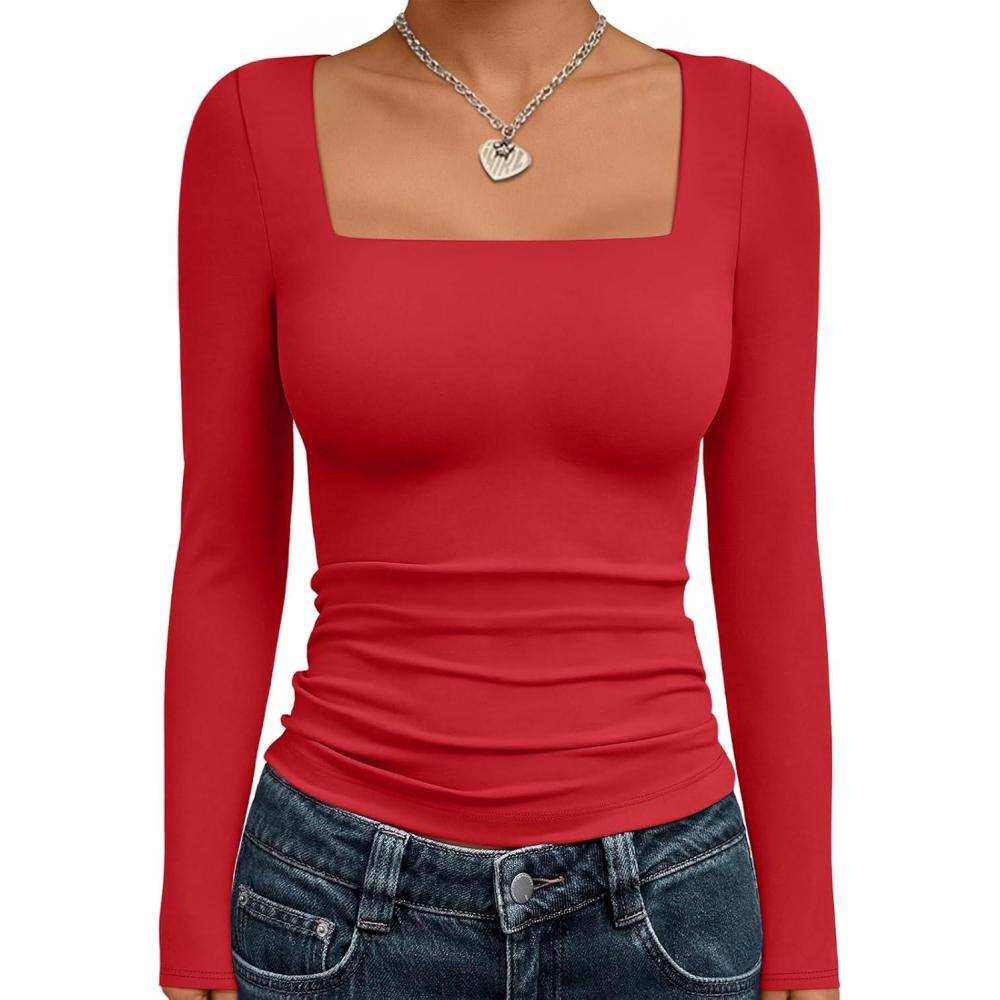 imageTrendy Queen Womens Long Sleeve Shirts Square Neck Going Out Crop Tops Fashion Y2k Workout Clothes Fall Outfits 2025Red