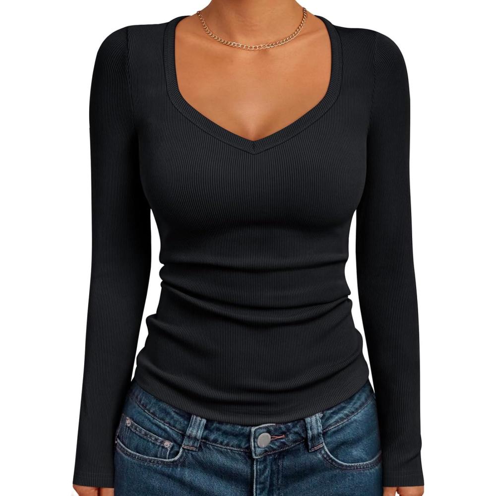imageTrendy Queen Womens Long Sleeve Shirts V Neck Ribbed Knit Fall TopsBlack