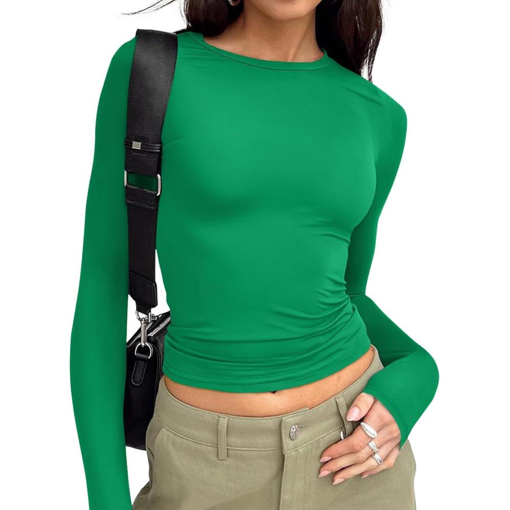 imageTrendy Queen Womens Long Sleeve T Shirts Fall Fashion 2025 Basic Crop Tops Going Out Outfits Y2k ClothesGreen