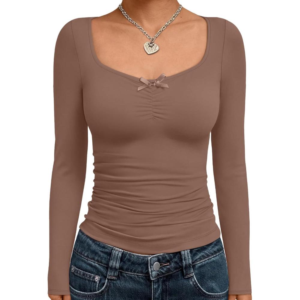imageTrendy Queen Womens Long Sleeve Tops Going Out Top Trendy Cute Shirt Y2k Clothes Fashion Clothing Fall Outfits 2025Brown