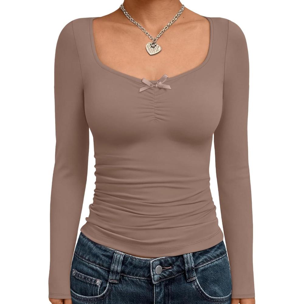imageTrendy Queen Womens Long Sleeve Tops Going Out Top Trendy Cute Shirt Y2k Clothes Fashion Clothing Fall Outfits 2025Coffeegrey