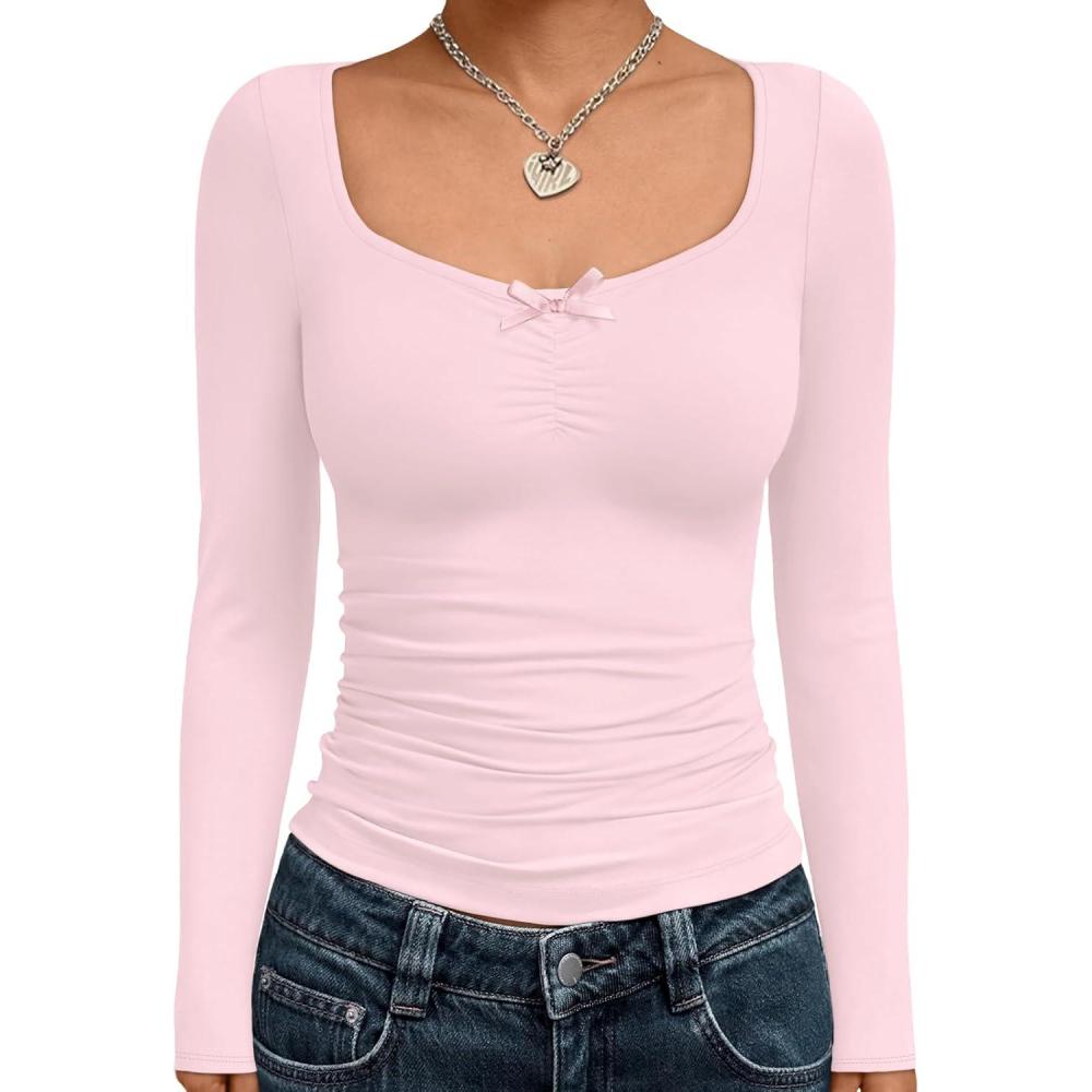 imageTrendy Queen Womens Long Sleeve Tops Going Out Top Trendy Cute Shirt Y2k Clothes Fashion Clothing Fall Outfits 2025Pink