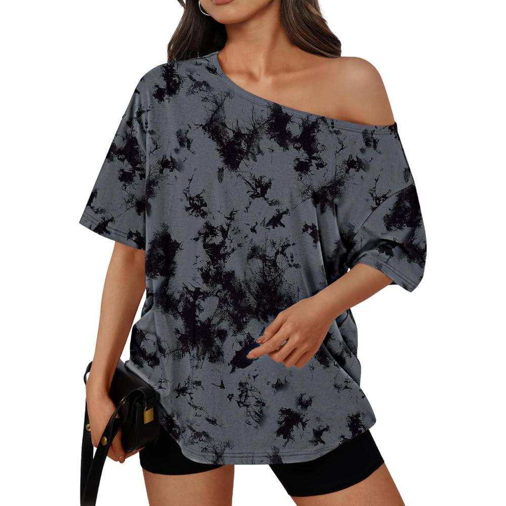 imageTrendy Queen Womens Off The Shoulder Tops Oversized TShirts Short Sleeve Tees Summer 2025 Casual Spring Fashion ClothesCamodarkgrey