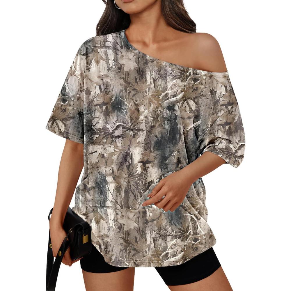imageTrendy Queen Womens Off The Shoulder Tops Oversized TShirts Short Sleeve Tees Summer 2025 Casual Spring Fashion ClothesCamokhakigrey
