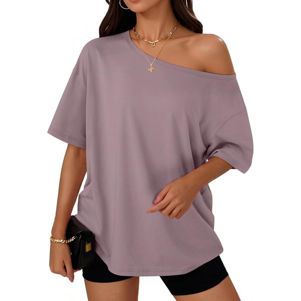 imageTrendy Queen Womens Off The Shoulder Tops Oversized TShirts Short Sleeve Tees Summer 2025 Casual Spring Fashion ClothesDarkpink