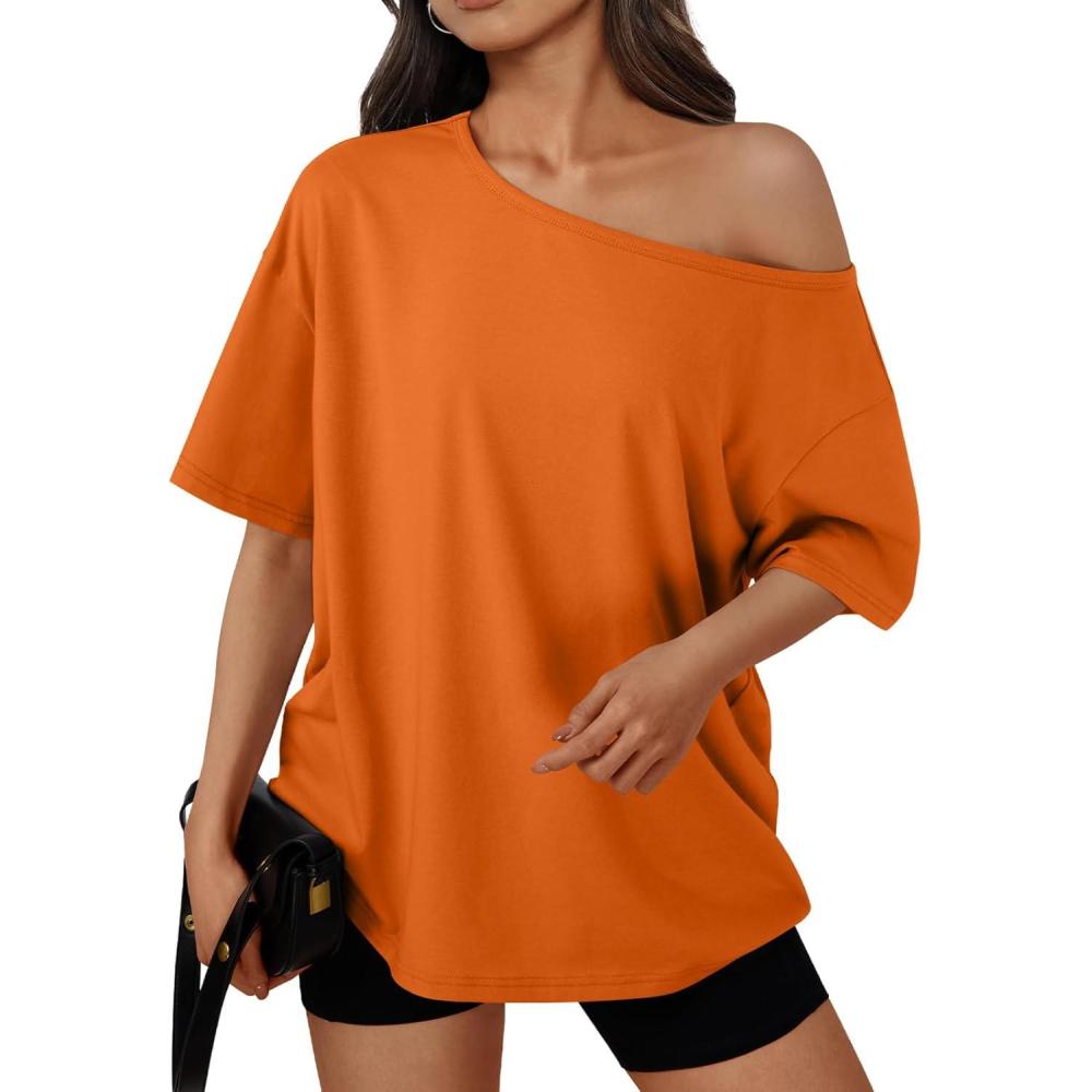 imageTrendy Queen Womens Off The Shoulder Tops Oversized TShirts Short Sleeve Tees Summer 2025 Casual Spring Fashion ClothesOrange