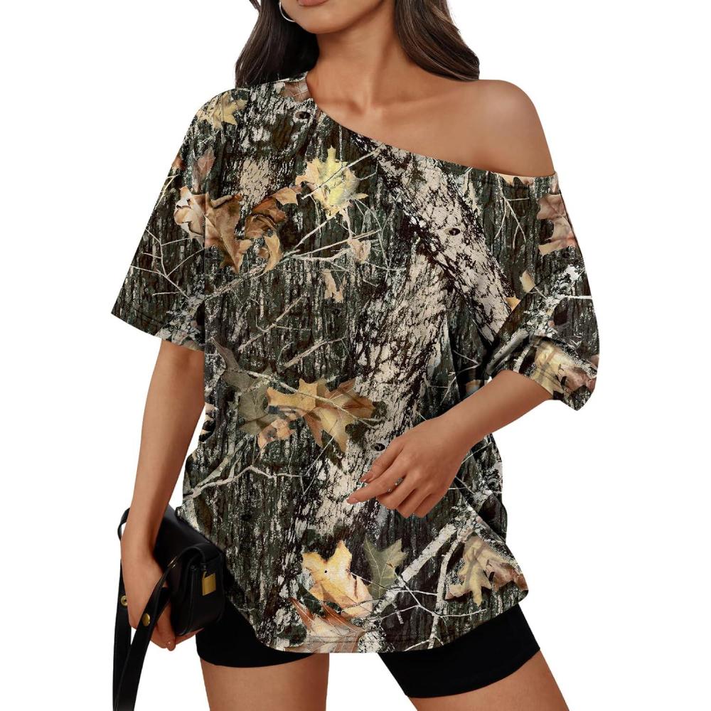 imageTrendy Queen Womens Off The Shoulder Tops Oversized TShirts Short Sleeve Tees Summer 2025 Casual Spring Fashion ClothesPrinteddarkgreen