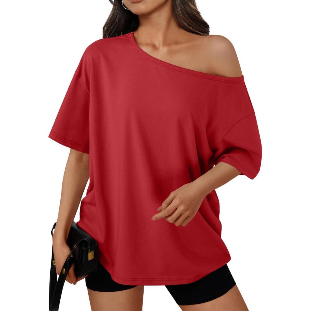 imageTrendy Queen Womens Off The Shoulder Tops Oversized TShirts Short Sleeve Tees Summer 2025 Casual Spring Fashion ClothesRed