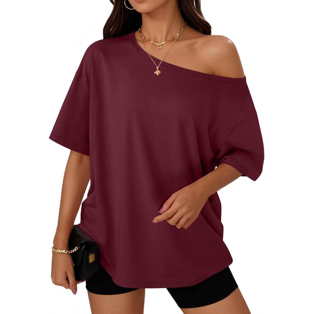 imageTrendy Queen Womens Off The Shoulder Tops Oversized TShirts Short Sleeve Tees Summer 2025 Casual Spring Fashion ClothesWinered