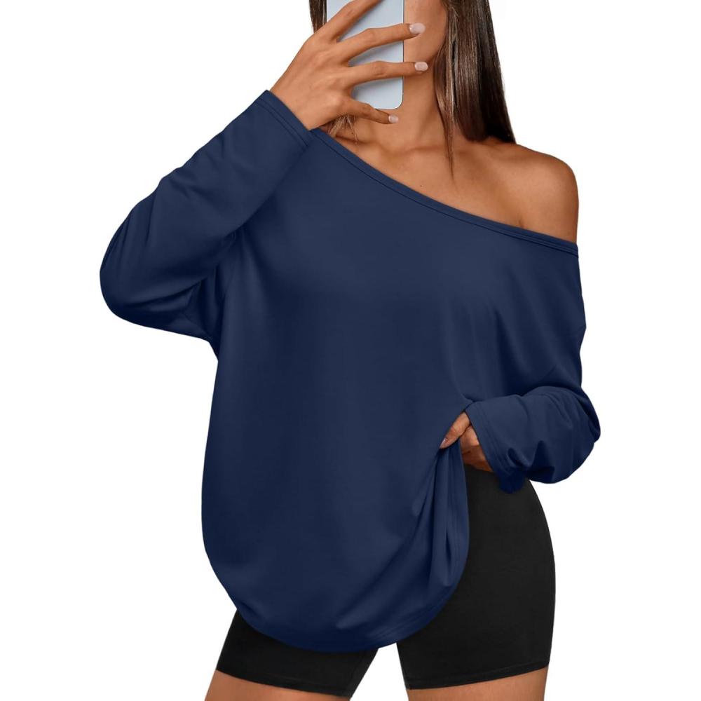imageTrendy Queen Womens Off The Shoulder Tops Oversized Tshirts Long Sleeve 2025 Casual Basic TeesBlue