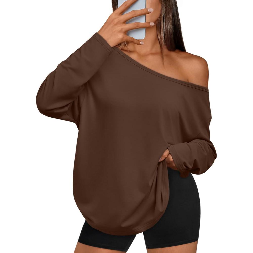 imageTrendy Queen Womens Off The Shoulder Tops Oversized Tshirts Long Sleeve 2025 Casual Basic TeesCoffee