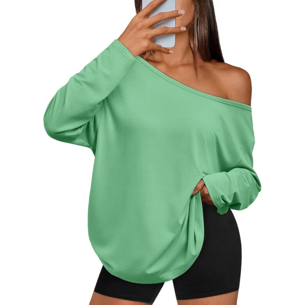 imageTrendy Queen Womens Off The Shoulder Tops Oversized Tshirts Long Sleeve 2025 Casual Basic TeesGreen
