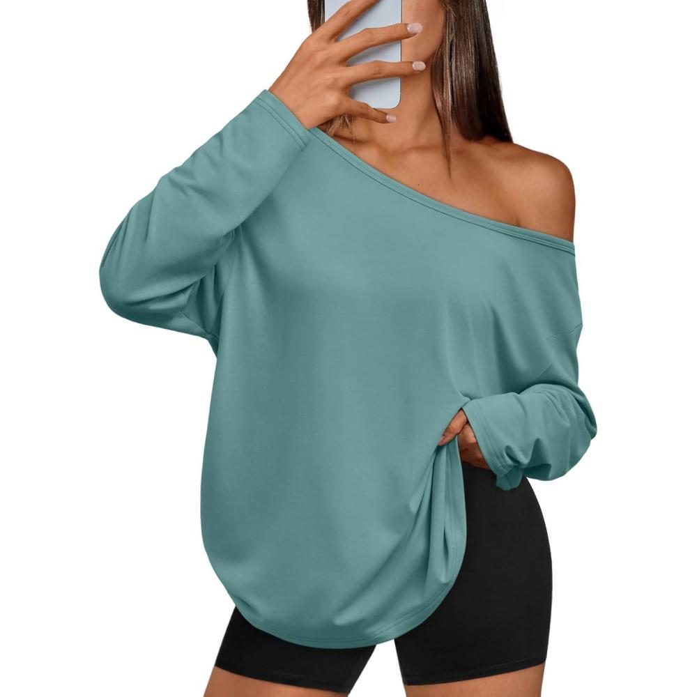 imageTrendy Queen Womens Off The Shoulder Tops Oversized Tshirts Long Sleeve 2025 Casual Basic TeesGrey Green