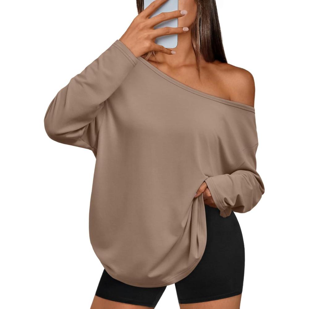 imageTrendy Queen Womens Off The Shoulder Tops Oversized Tshirts Long Sleeve 2025 Casual Basic TeesKhaki